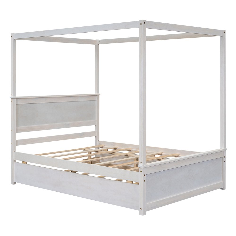 White Wood Full Canopy Bed With Trundle And Drawers