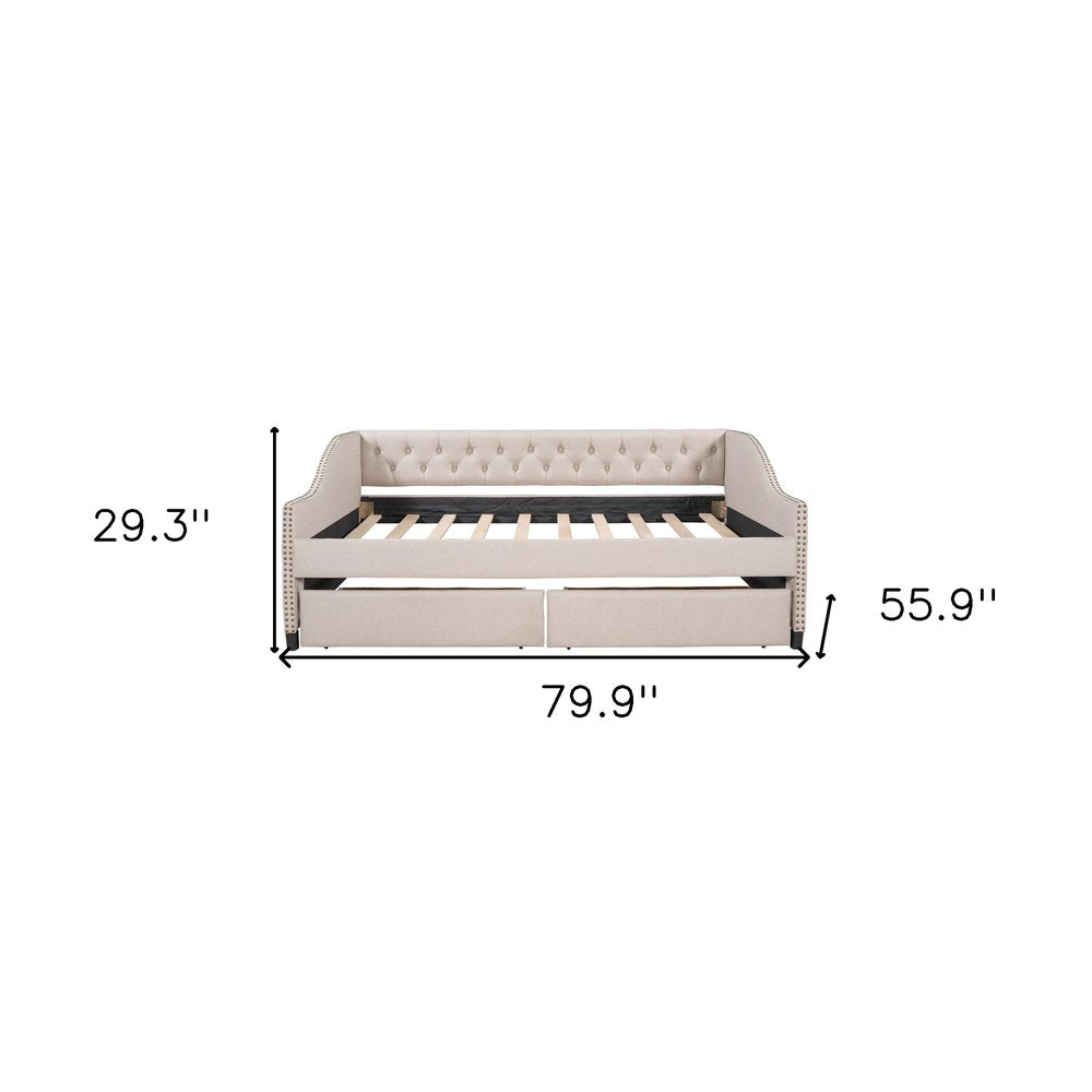 Beige Upholstered Full Bed Frame With Drawers