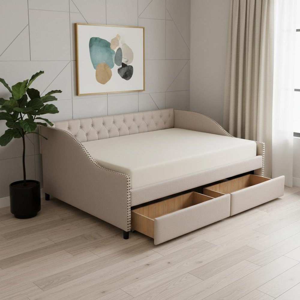 Beige Upholstered Full Bed Frame With Drawers