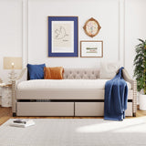 Beige Upholstered Full Bed Frame With Drawers
