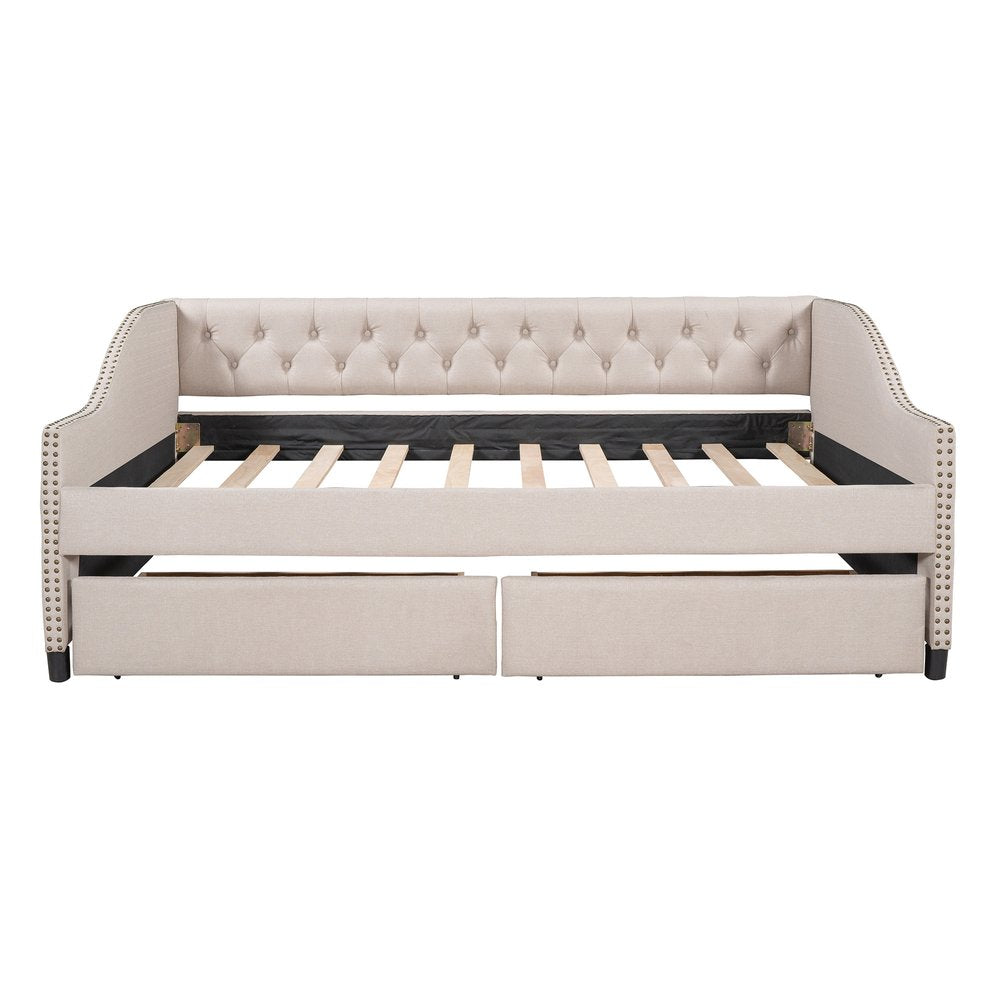 Beige Upholstered Full Bed Frame With Drawers