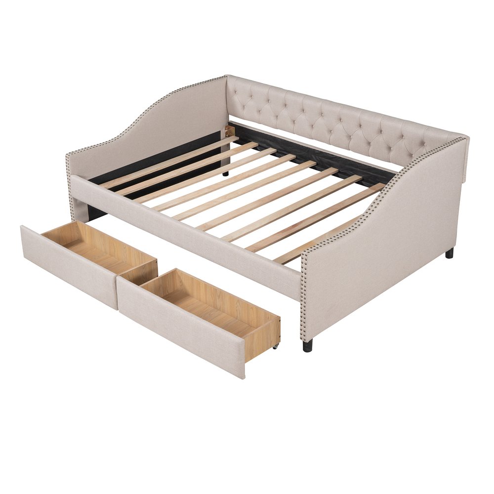 Beige Upholstered Full Bed Frame With Drawers