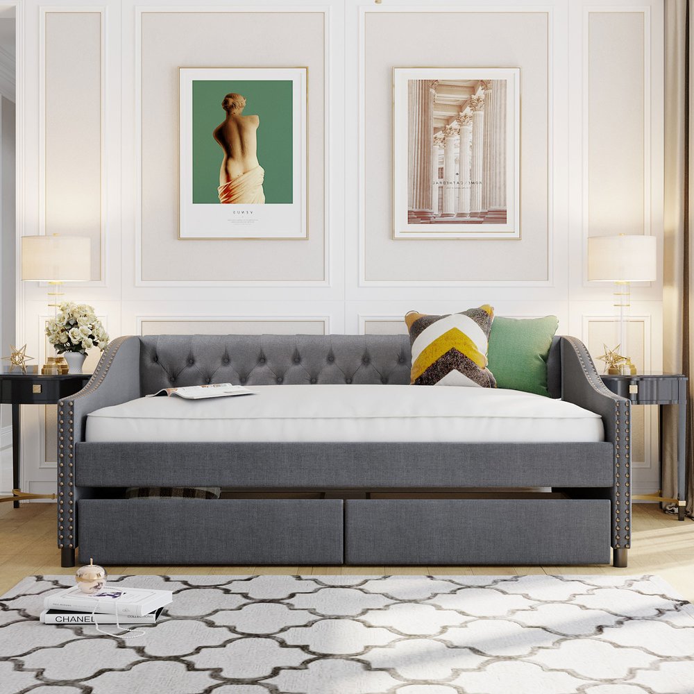 Gray Upholstered Full Bed Frame With Drawers