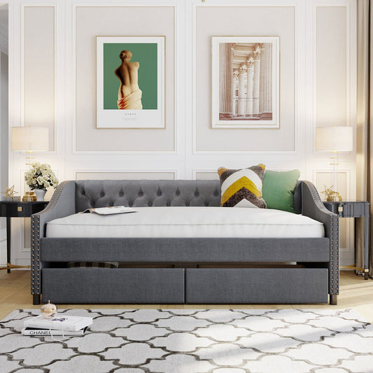 Gray Upholstered Full Bed Frame With Drawers
