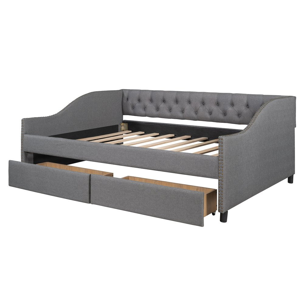 Gray Upholstered Full Bed Frame With Drawers