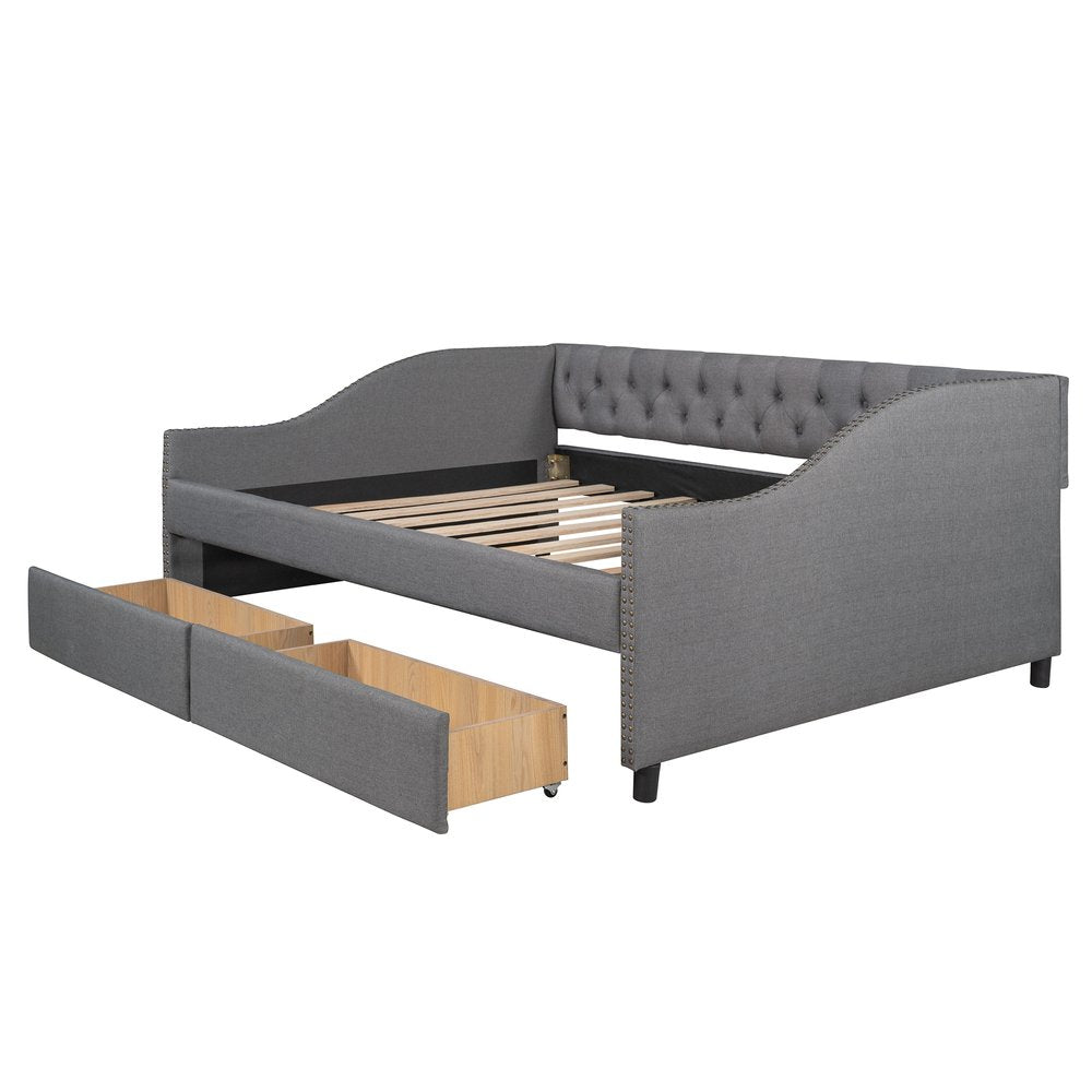 Gray Upholstered Full Bed Frame With Drawers