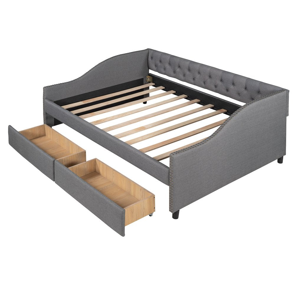 Gray Upholstered Full Bed Frame With Drawers