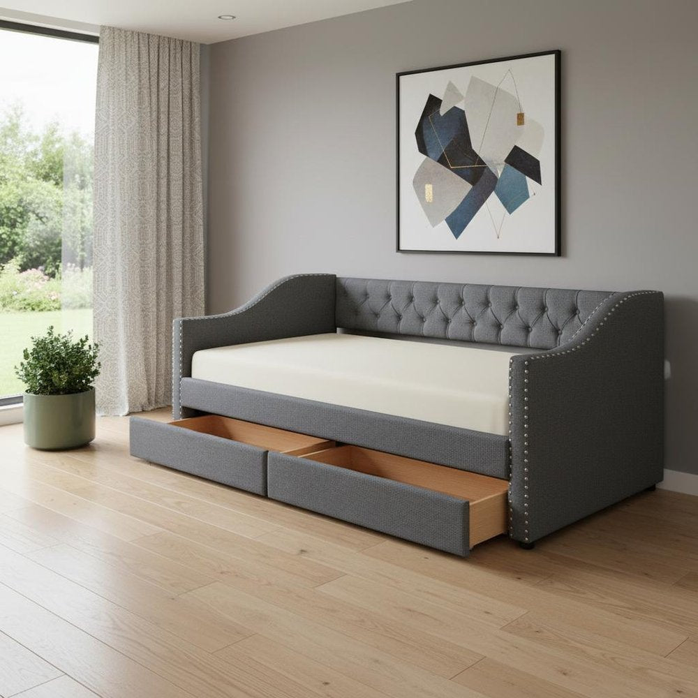 Gray Upholstered Twin Bed Frame With Drawers