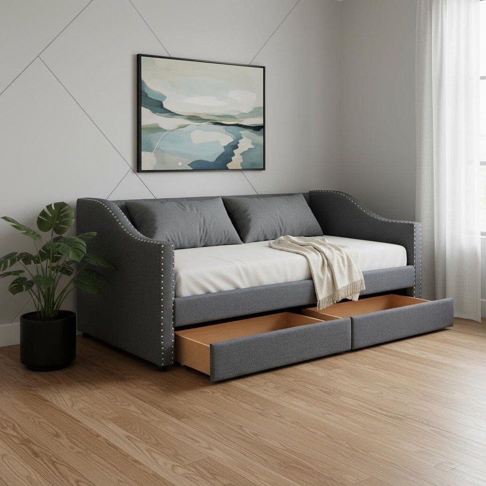 Gray Upholstered Twin Bed Frame With Drawers