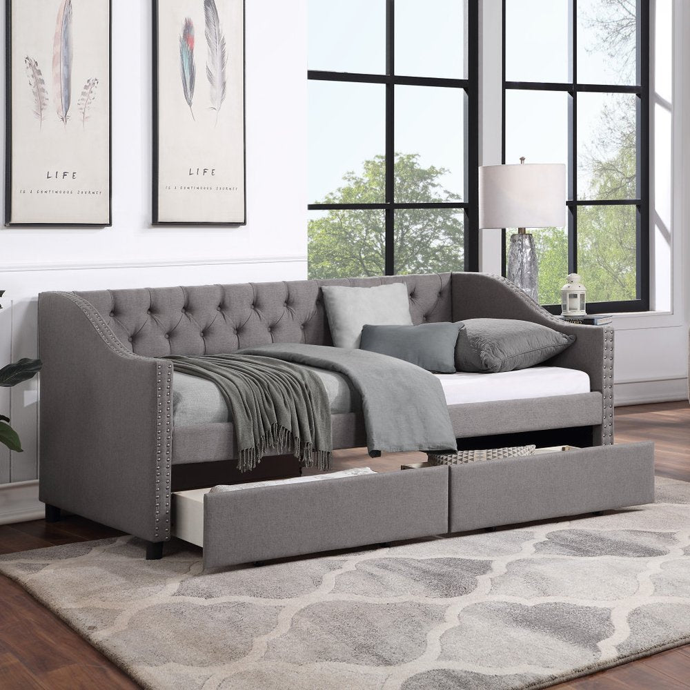 Gray Upholstered Twin Bed Frame With Drawers