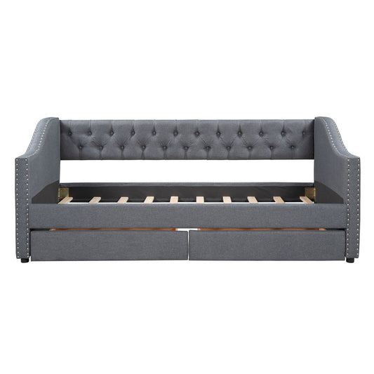 Gray Upholstered Twin Bed Frame With Drawers