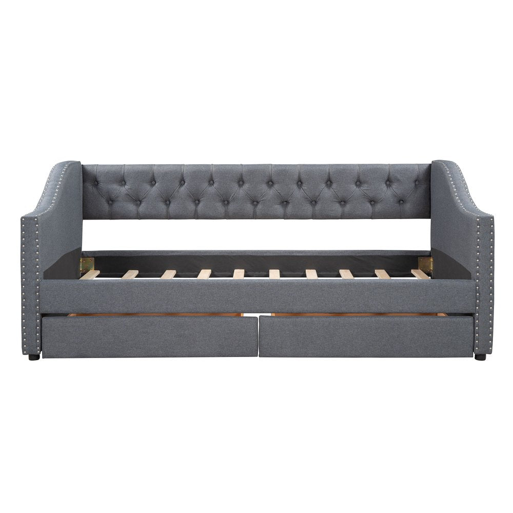 Gray Upholstered Twin Bed Frame With Drawers