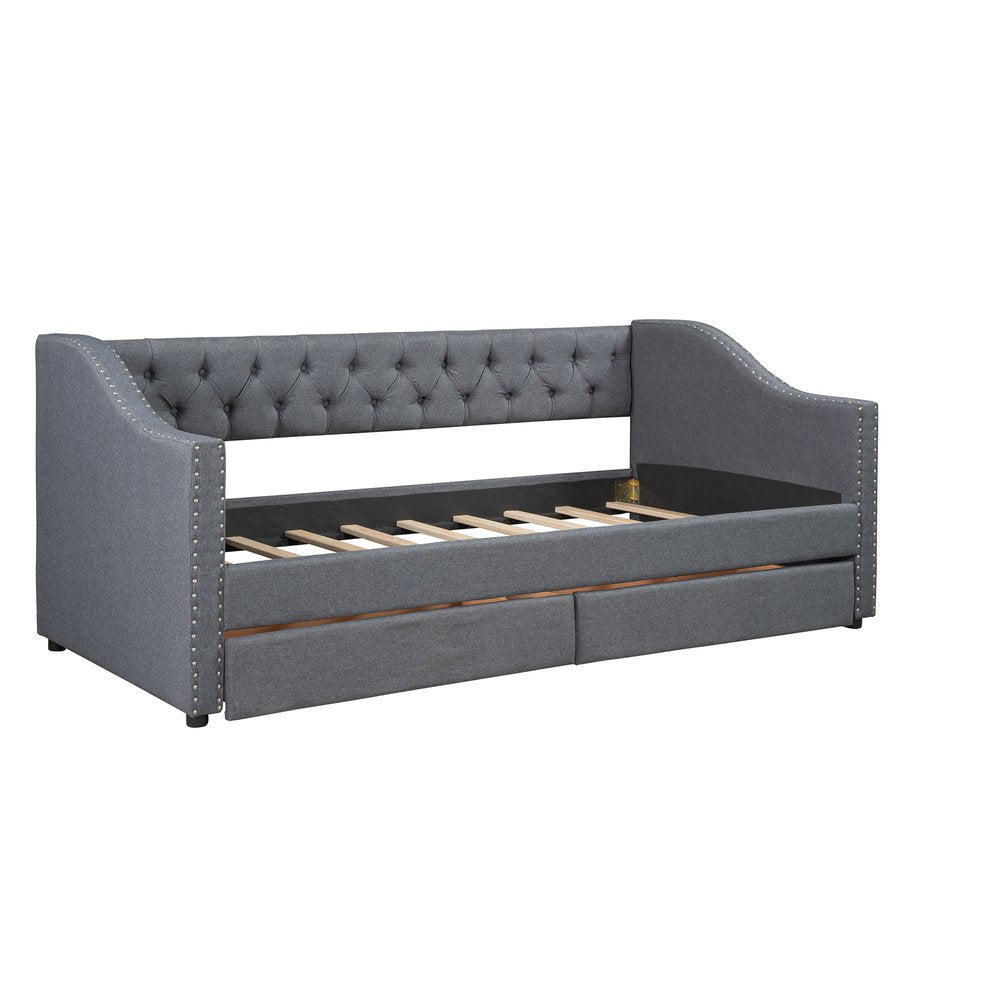 Gray Upholstered Twin Bed Frame With Drawers