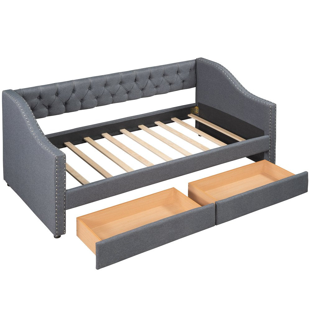 Gray Upholstered Twin Bed Frame With Drawers