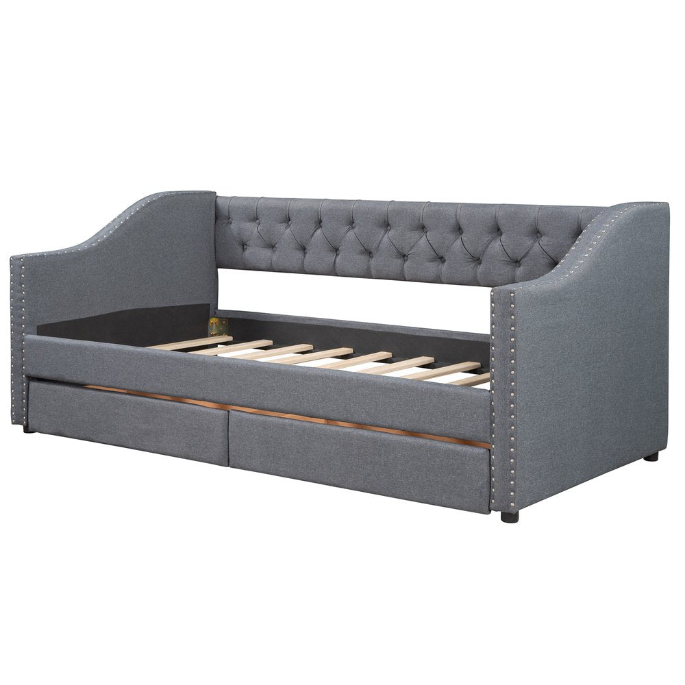Gray Upholstered Twin Bed Frame With Drawers