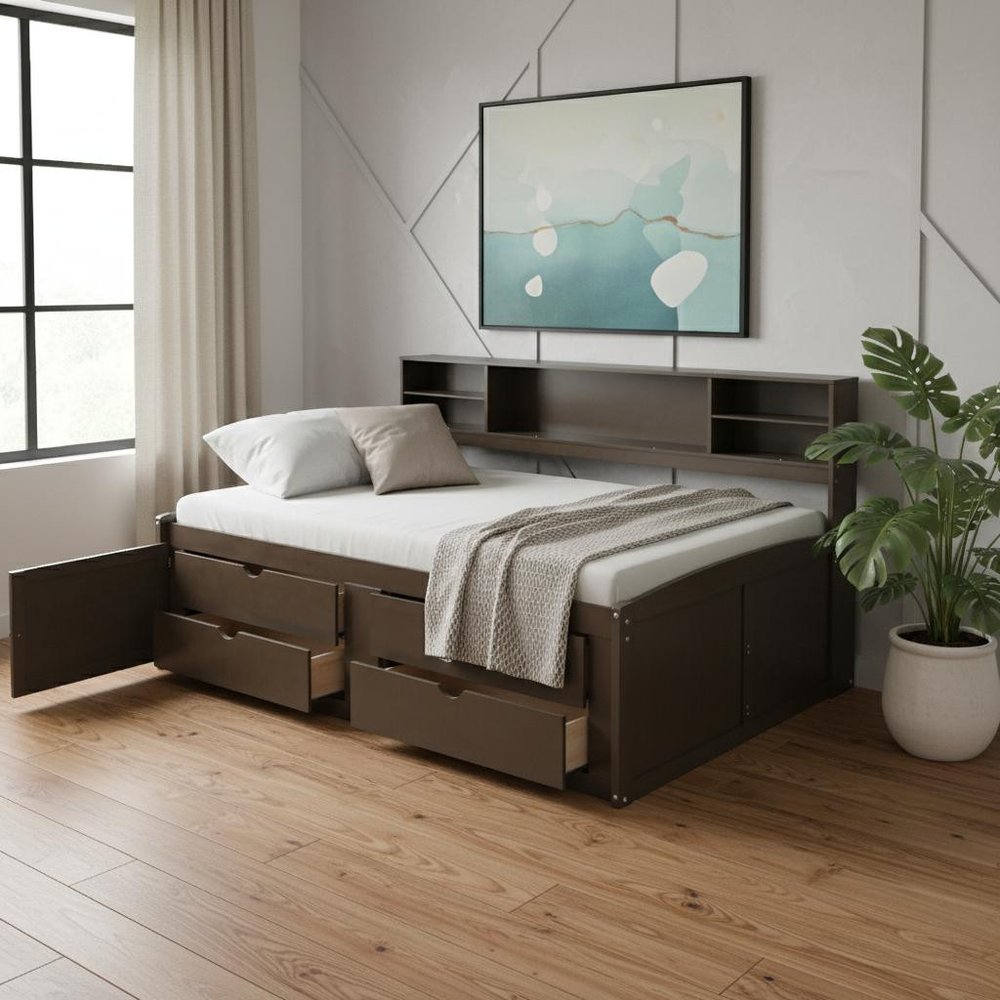 Brown Wood Full Bed Frame With Drawers