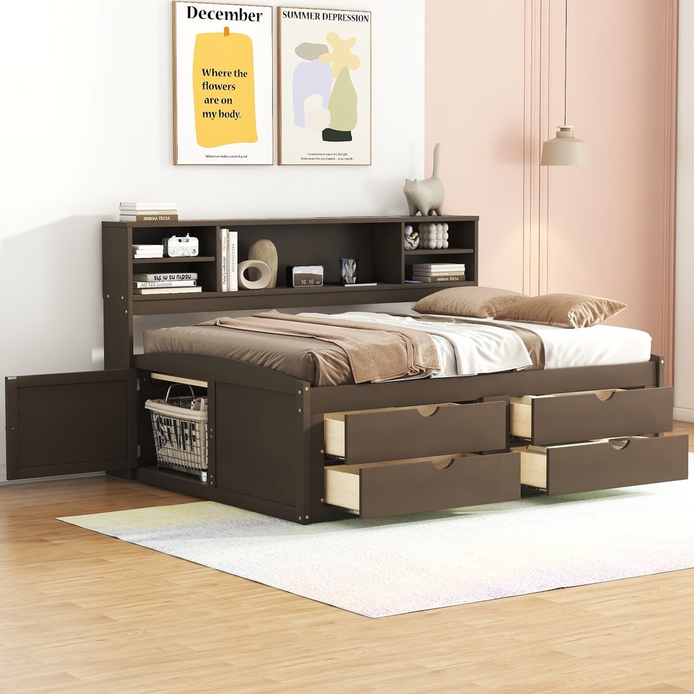 Brown Wood Full Bed Frame With Drawers