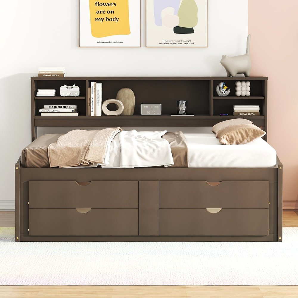 Brown Wood Full Bed Frame With Drawers