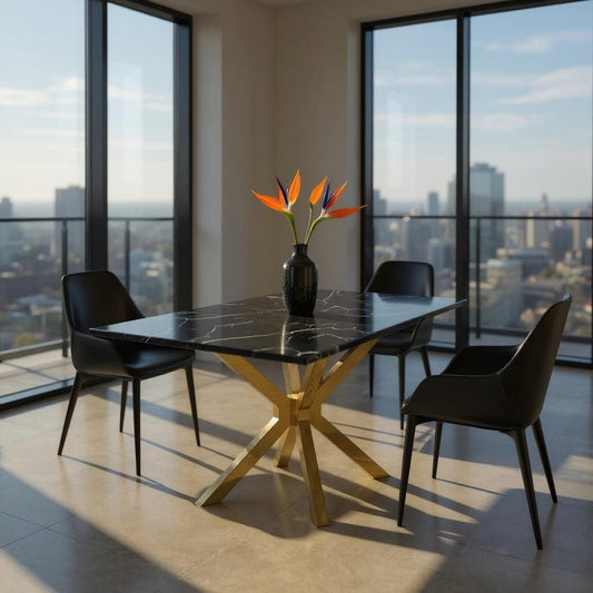 79" Black and Gold Marble and Metal Cross Leg Base Dining Table