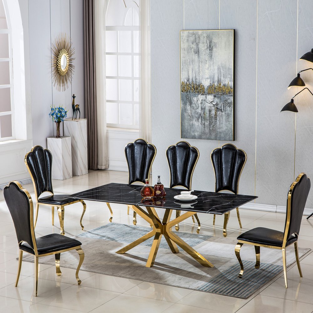 79" Black and Gold Marble and Metal Cross Leg Base Dining Table