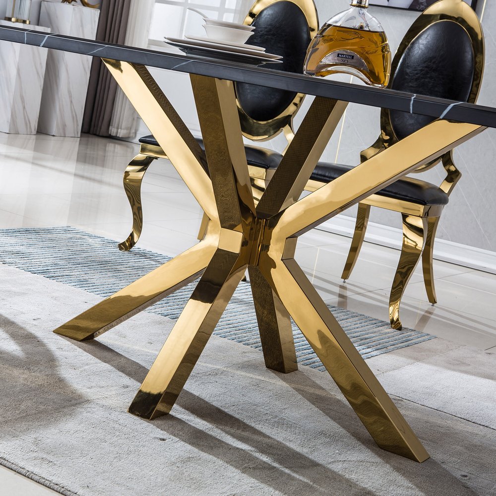 79" Black and Gold Marble and Metal Cross Leg Base Dining Table