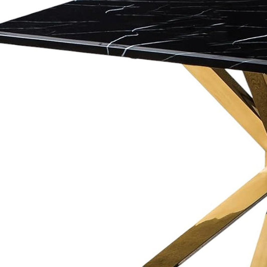 79" Black and Gold Marble and Metal Cross Leg Base Dining Table