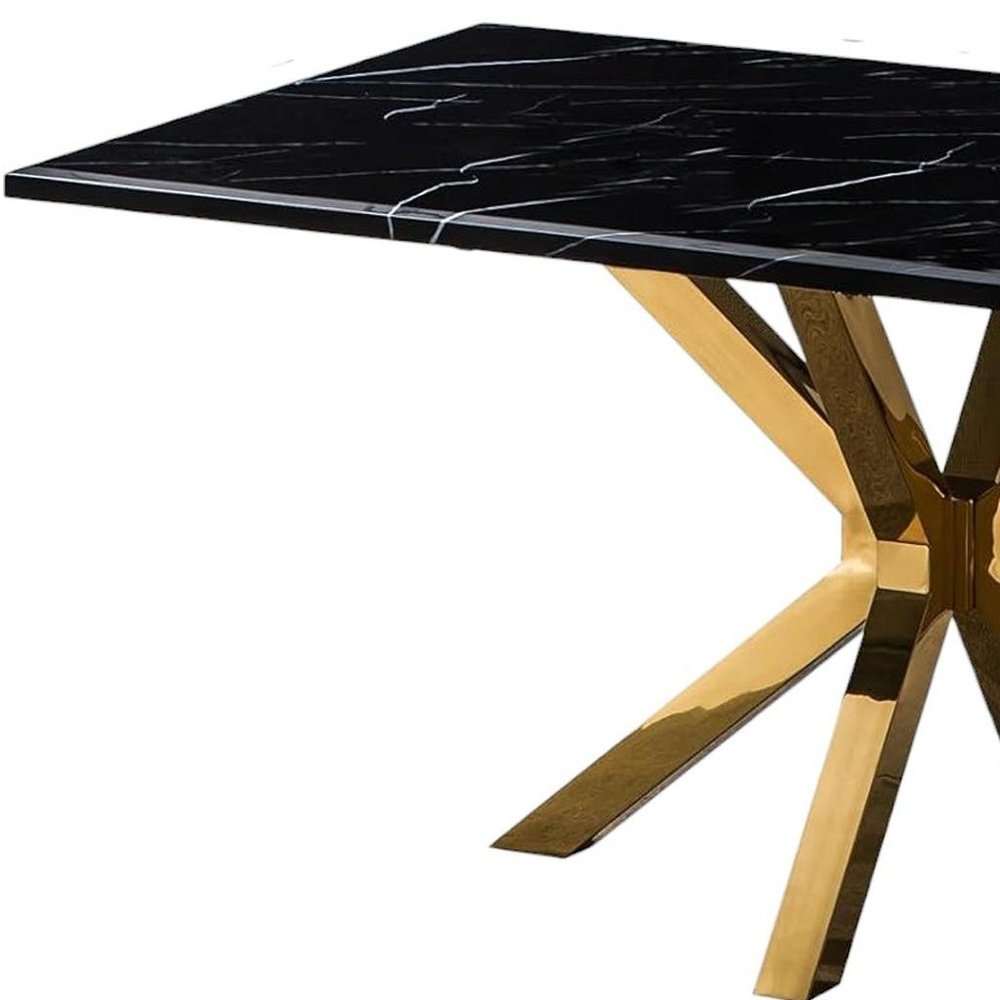 79" Black and Gold Marble and Metal Cross Leg Base Dining Table
