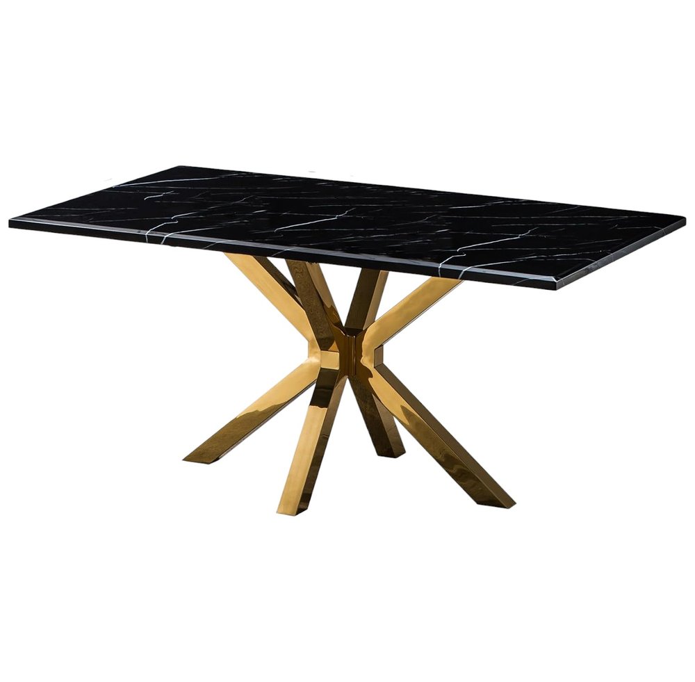 79" Black and Gold Marble and Metal Cross Leg Base Dining Table