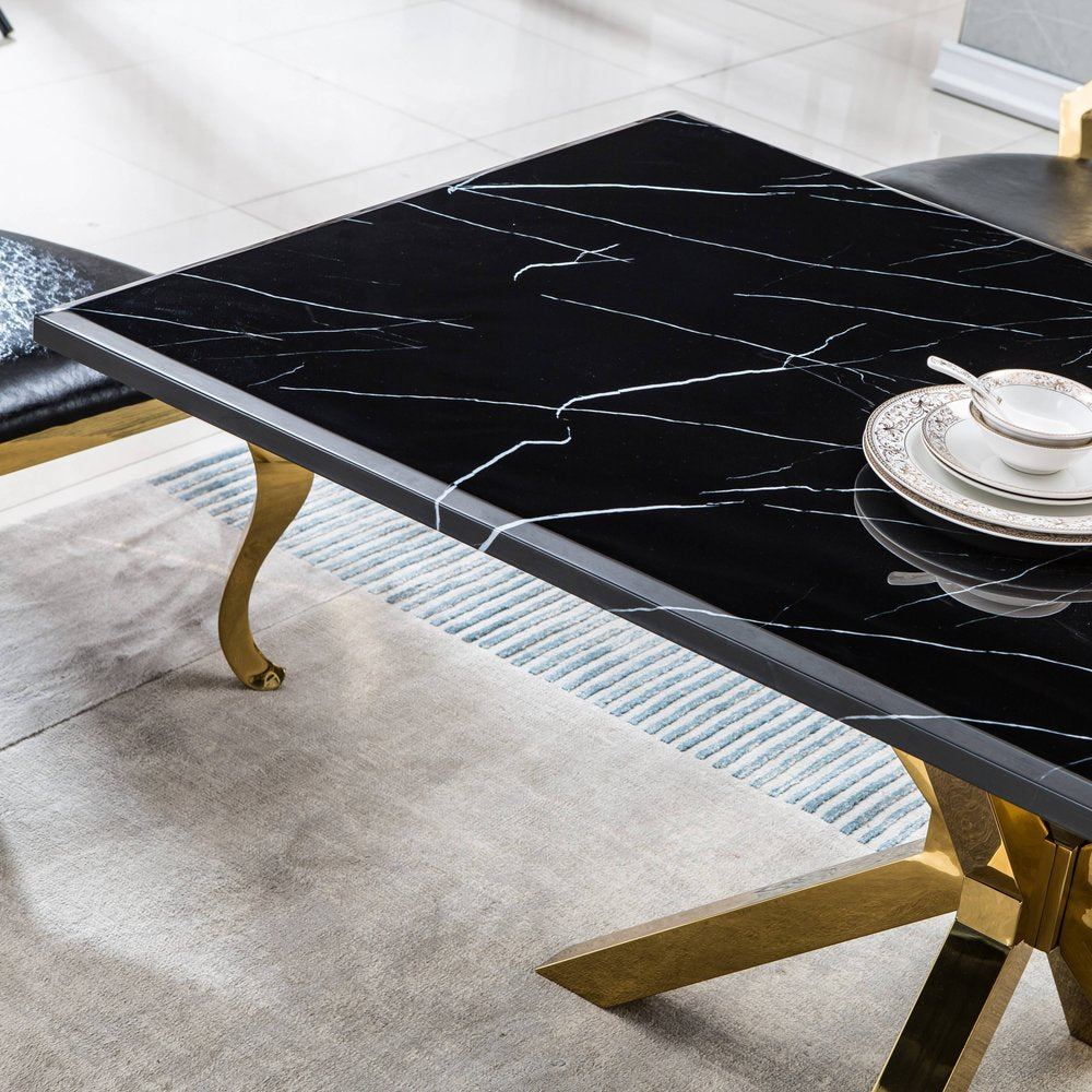 63" Black and Gold Marble and Metal Cross Leg Base Dining Table