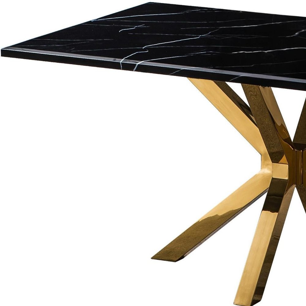 63" Black and Gold Marble and Metal Cross Leg Base Dining Table