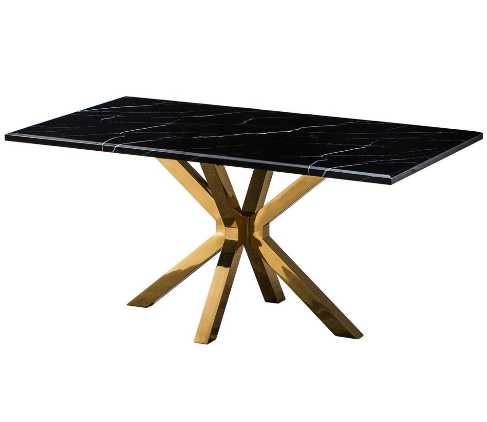 63" Black and Gold Marble and Metal Cross Leg Base Dining Table