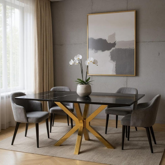 63" Black and Gold Marble and Metal Cross Leg Base Dining Table