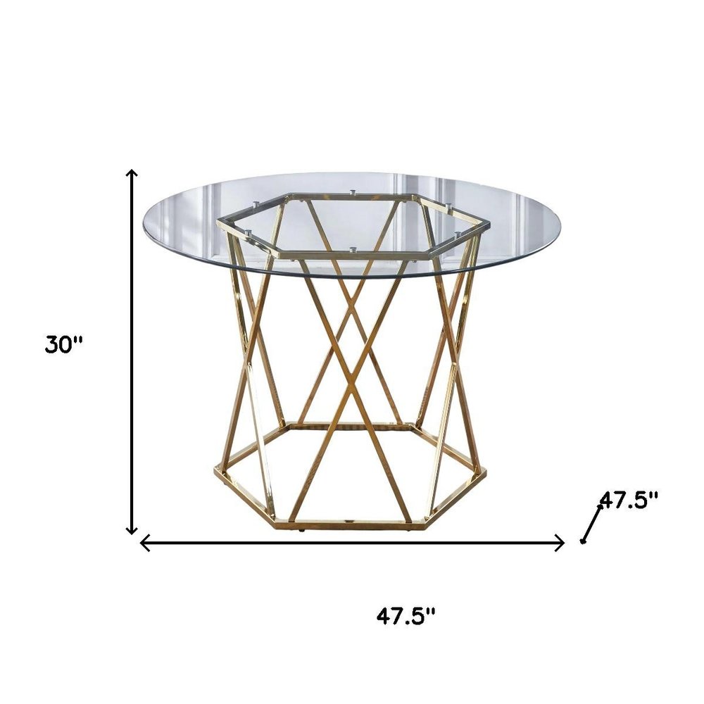 48" Clear And Gold Glass And Metal Trestle Base Round Top Dining Table