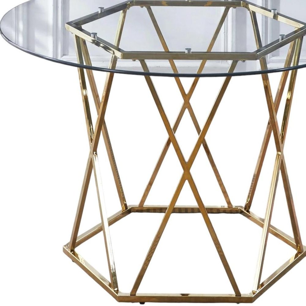 48" Clear And Gold Glass And Metal Trestle Base Round Top Dining Table
