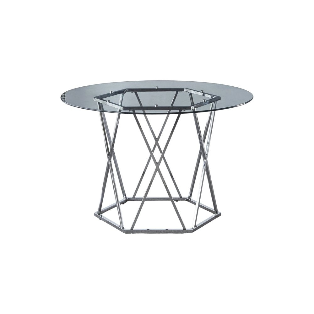48" Clear And Silver Glass And Metal Trestle Base Round Top Dining Table
