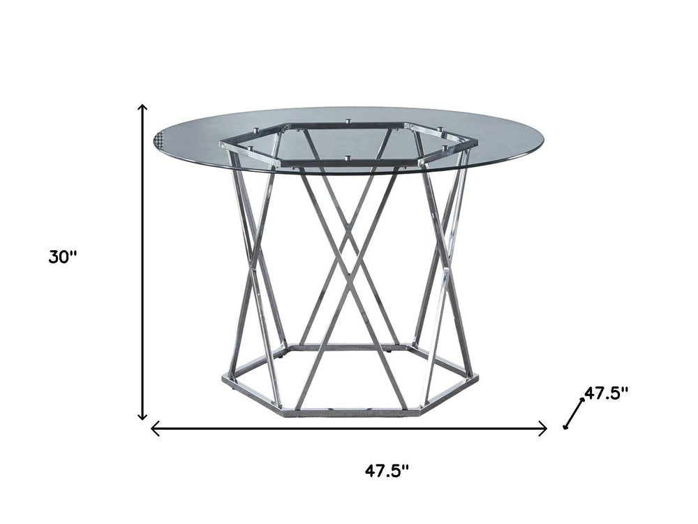 48" Clear And Silver Glass And Metal Trestle Base Round Top Dining Table