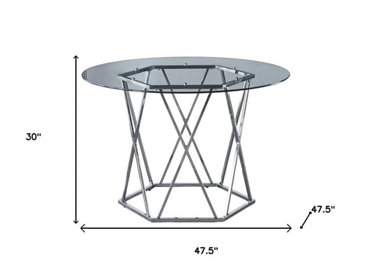 48" Clear And Silver Glass And Metal Trestle Base Round Top Dining Table
