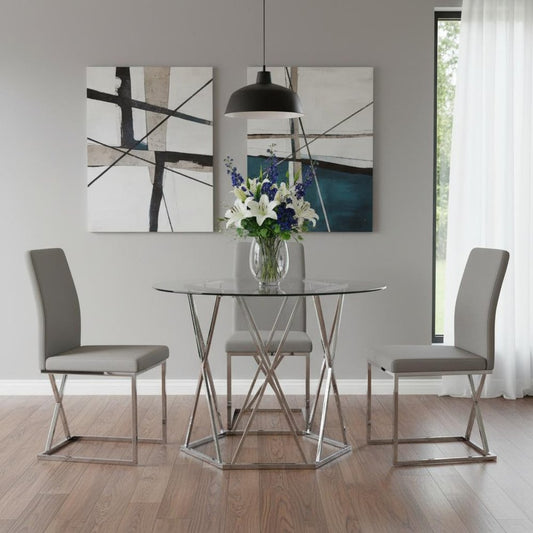 48" Clear And Silver Glass And Metal Trestle Base Round Top Dining Table