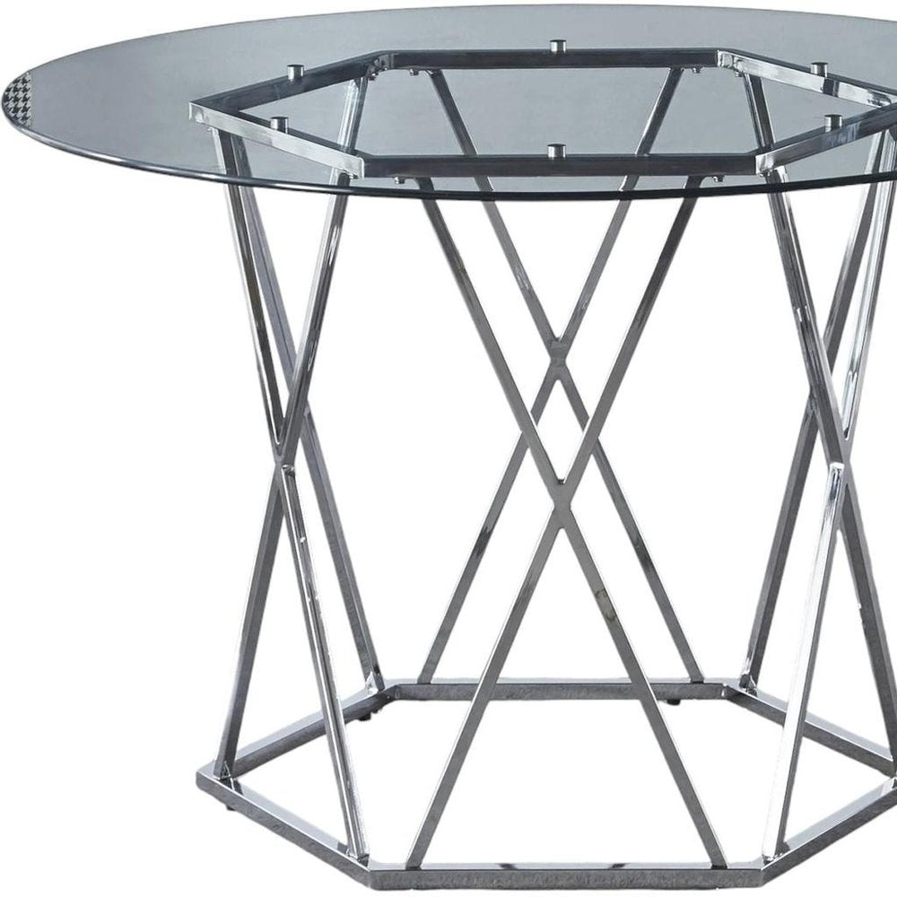 48" Clear And Silver Glass And Metal Trestle Base Round Top Dining Table