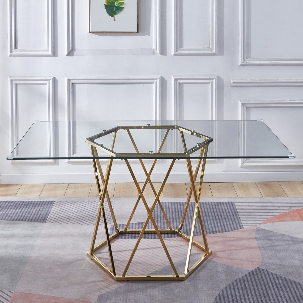 63" Clear and Gold Glass and Metal Geo Pedestal Base Dining Table