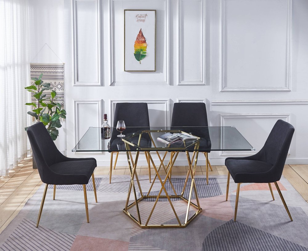 63" Clear and Gold Glass and Metal Geo Pedestal Base Dining Table
