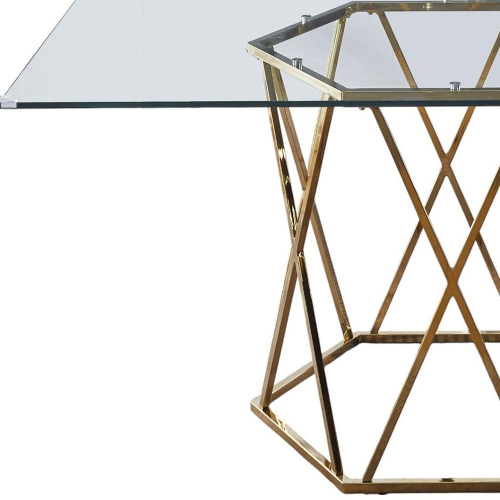 63" Clear and Gold Glass and Metal Geo Pedestal Base Dining Table