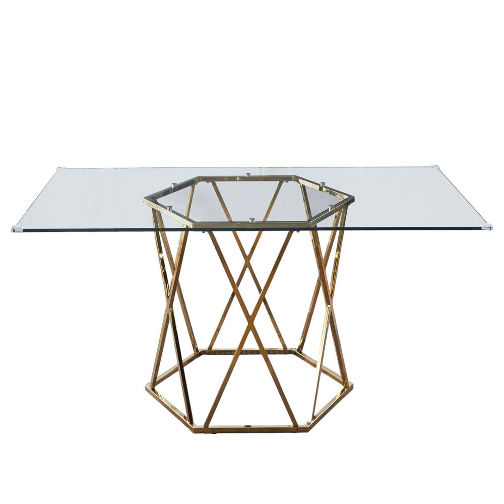 63" Clear and Gold Glass and Metal Geo Pedestal Base Dining Table