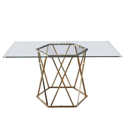 63" Clear and Gold Glass and Metal Geo Pedestal Base Dining Table