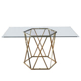 63" Clear and Gold Glass and Metal Geo Pedestal Base Dining Table