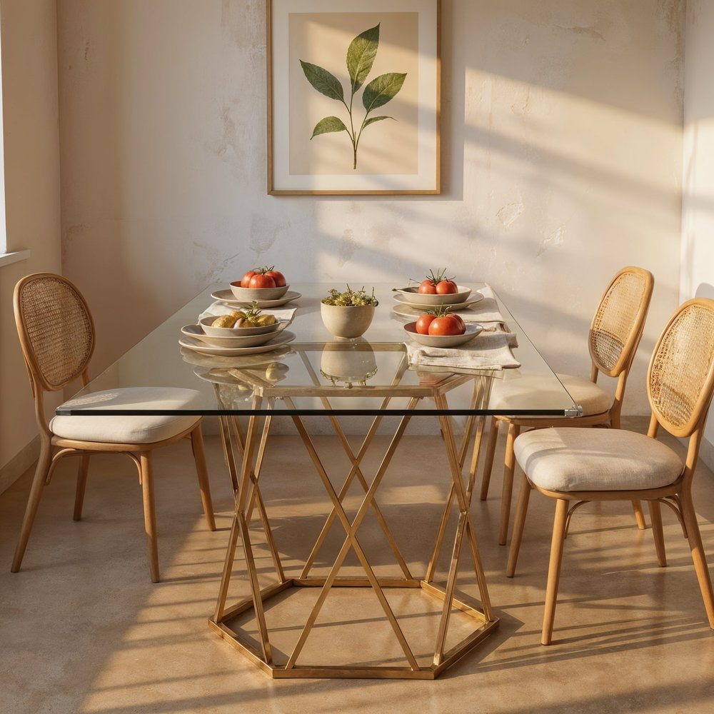 63" Clear and Gold Glass and Metal Geo Pedestal Base Dining Table