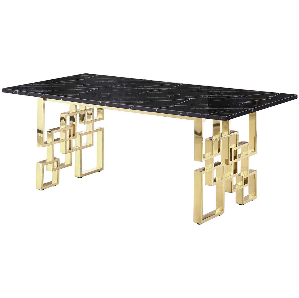 79" Black and Gold Marble and Metal Double Pedestal Base Dining Table