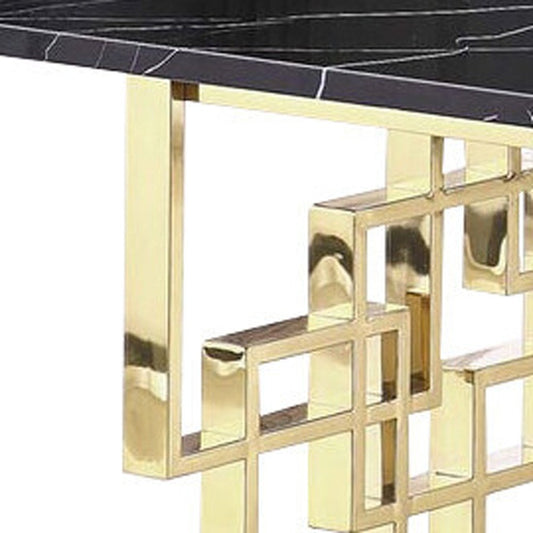 79" Black and Gold Marble and Metal Double Pedestal Base Dining Table