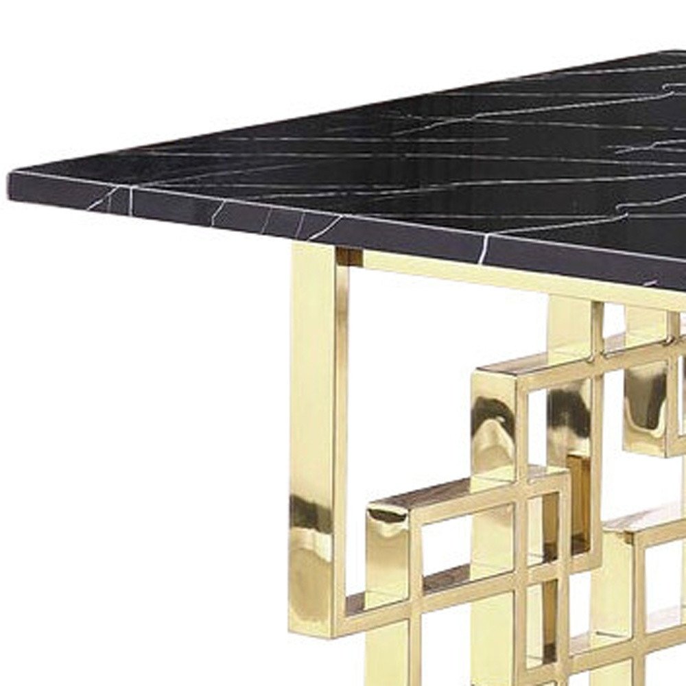 79" Black and Gold Marble and Metal Double Pedestal Base Dining Table