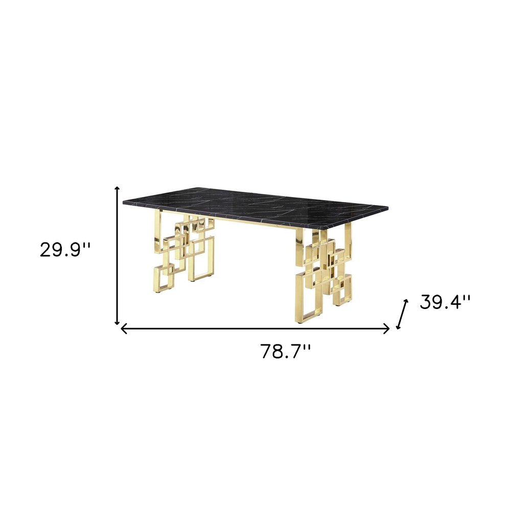 79" Black and Gold Marble and Metal Double Pedestal Base Dining Table